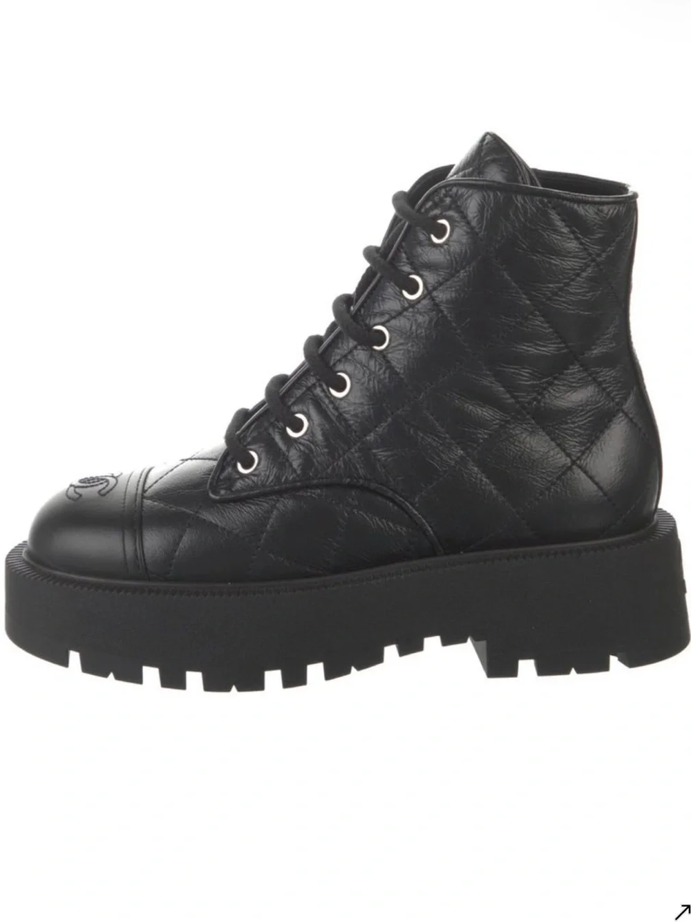 CHANEL Black Quilted Leather Lace-Up Platform Ankle Boot